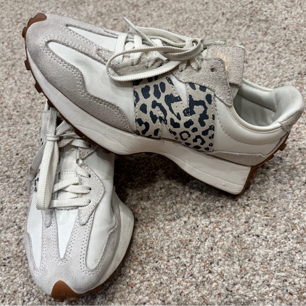 New Balance 327 Cream and Black Animal Print Sneakers